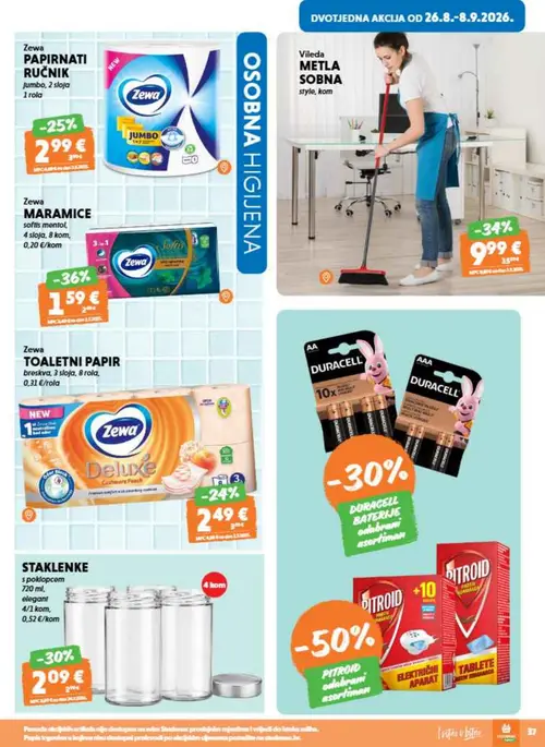 Studenac katalog — stranica 37: Vileda Vileda METLA SOBNA, STAKLENKE s poklopcem, Zewa TOALETNI PAPIR breskva, Zewa PAPIRNATI RUČNIK Jumbo (vrijedi 26. 08. 2026.–08. 09. 2026.)