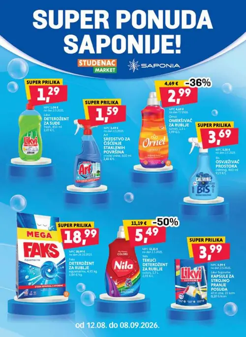 Studenac katalog — stranica 40: Nila Nila tekući deterdžent za rublje colors, Ornel Ornel omekšivač za rublje sunset, Faks Faks deterdžent za rublje aquamarine, Likvi Likvi Supreme kapsule za strojno pranje posuđa all in one (vrijedi 26. 08. 2026.–08. 09. 2026.)