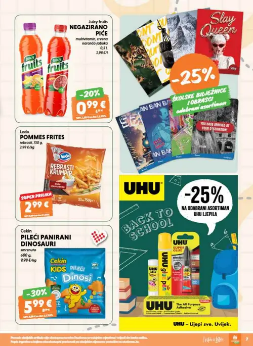 Studenac katalog — stranica 7: Cekin PILEĆI PANIRANI DINOSAURI smrznuto, Ledo POMMES FRITES rebrasti (vrijedi 26. 08. 2026.–08. 09. 2026.)