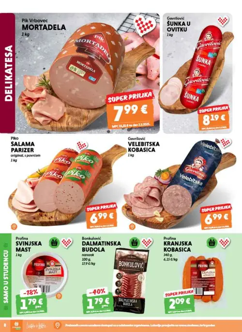 Studenac katalog — stranica 8: Profina Profina SVINJSKA MAST, Bonkulović Bonkulović DALMATINSKA BUDOLA, Pik Vrbovec Pik Vrbovec MORTADELA (vrijedi 26. 08. 2026.–08. 09. 2026.)