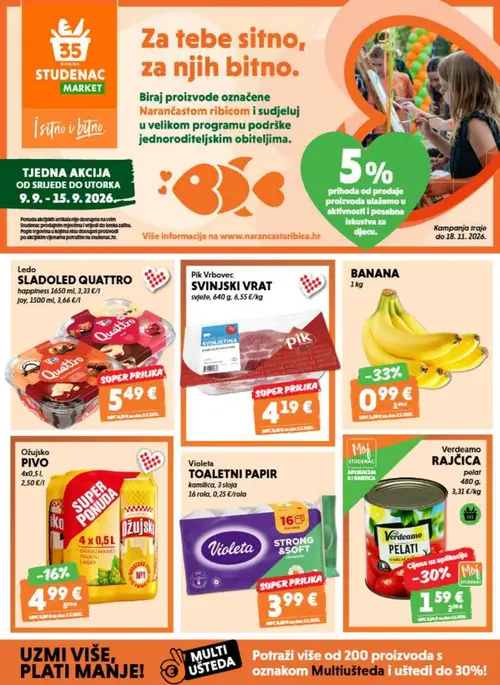 Studenac katalog — stranica 1: Verdeamo PELATI, Ledo SLADOLED QUATTRO happiness, Pik Vrbovec SVINJSKI VRAT svježe, BANANA (vrijedi 09. 09. 2026.–15. 09. 2026.)