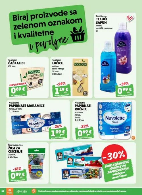 Studenac katalog — stranica 10: Gentilezza TEKUĆI SAPUN ocean, orchid & cashmere, Nuvolette PAPIRNATE MARAMICE, Nuvolette PAPIRNATI RUČNIK economy, Šjor kućanstvo ŽICA ZA ČIŠĆENJE (vrijedi 09. 09. 2026.–15. 09. 2026.)
