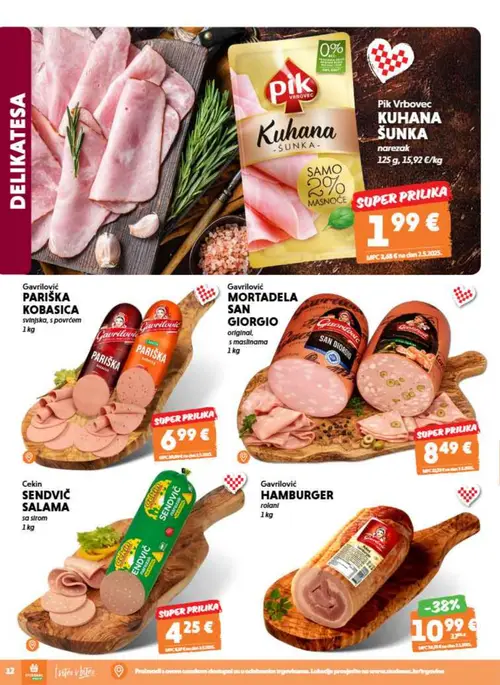 Studenac katalog — stranica 12: Gavrlović Hamburger, Pik Vrbovec Kuhana šunka (vrijedi 09. 09. 2026.–15. 09. 2026.)