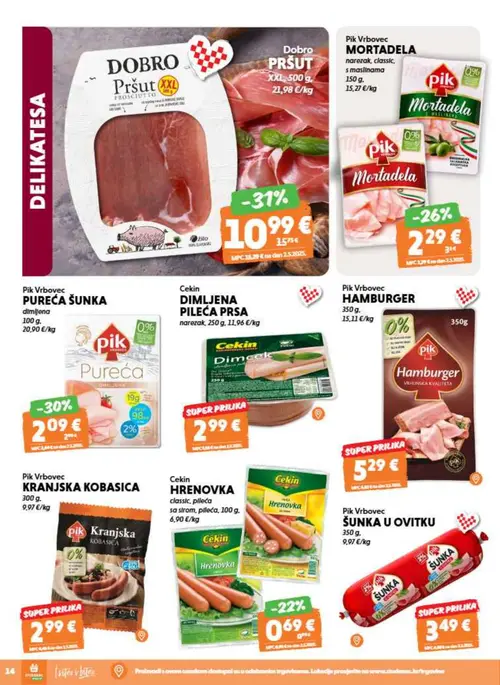 Studenac katalog — stranica 14: DOBRO PRŠUT XXL, PIK Vrbovec PUREĆA ŠUNKA, PIK Vrbovec MORTADELA (vrijedi 09. 09. 2026.–15. 09. 2026.)