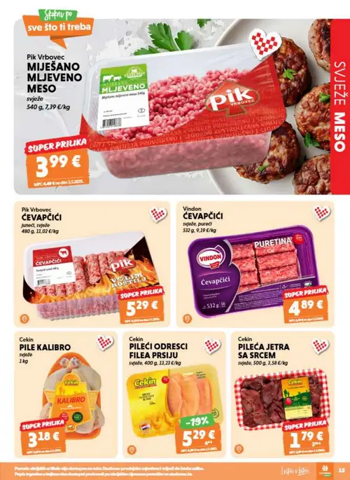 Studenac katalog — stranica 15: Cekin PILEĆI ODRESCI FILEA PRSIJU, Cekin PILEĆA JETRA SA SRCEM, Pik Vrbovec MIJEŠANO MLJEVENO MESO (vrijedi 09. 09. 2026.–15. 09. 2026.)