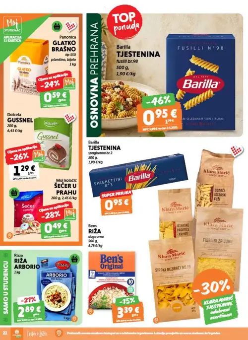 Studenac katalog — stranica 22: Barilla TJESTENINA fusilli br.98, Moj kolačić ŠEĆER U PRAHU, Dolcela GUSSNEL, Rizza RIŽA ARBORIO (vrijedi 09. 09. 2026.–15. 09. 2026.)