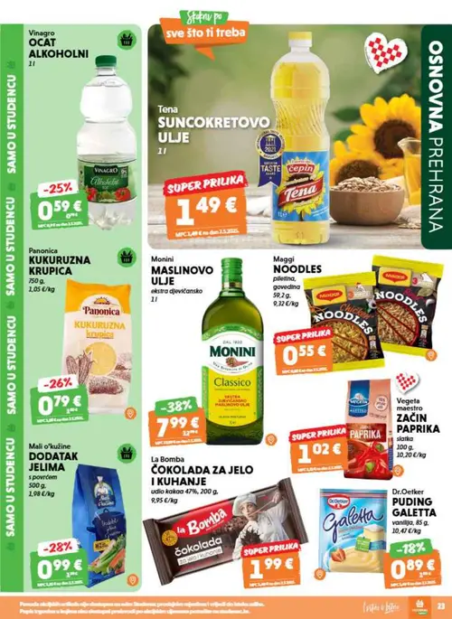 Studenac katalog — stranica 23: Vinagro OCAT ALKOHOLNI 1 l, Tena SUNCOKRETOVO ULJE 1 l, Panonica KUKURUZNA KRUPICA 750 g, Monini MASLINOVO ULJE ekstra djevicansko 1 l (vrijedi 09. 09. 2026.–15. 09. 2026.)