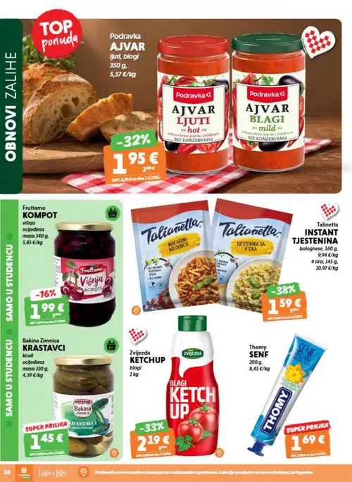 Studenac katalog — stranica 24: Talineta INSTANT TJESTENINA bolognese, Zvijezda KETCHUP blagi, Podravka AJVAR LJUTI, Fruttiamo KOMPOT višnja (vrijedi 09. 09. 2026.–15. 09. 2026.)