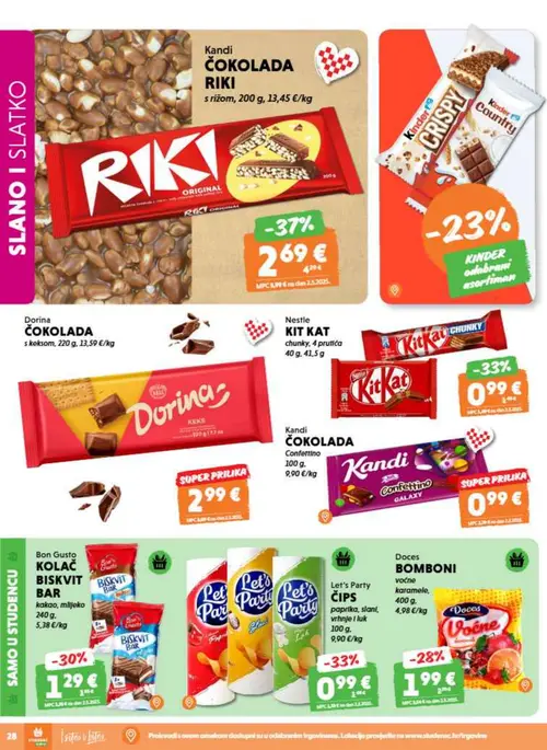 Studenac katalog — stranica 28: Kandi ČOKOLADA s rižom, Nestle KIT KAT chunky, Let's Party ČIPS paprika, slani, vrhnje i luk, Bon Gusto KOLAČ BISKVIT BAR kakao, mlijeko (vrijedi 09. 09. 2026.–15. 09. 2026.)