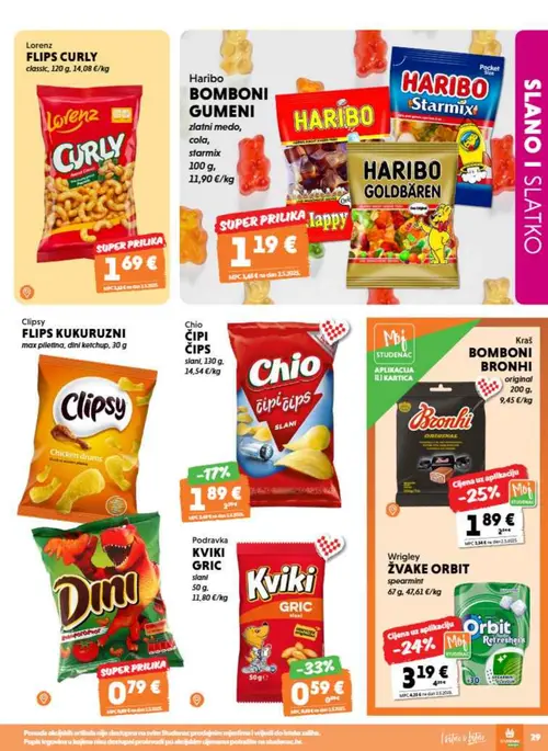 Studenac katalog — stranica 29: Chio ČIPI ČIPS slani, Kraš BOMBONI BRONHI original, Wrigley ŽVAKE ORBIT spearmint, Clipsy FLIPS KUKURUZNI max piletina, dnf ketchup (vrijedi 09. 09. 2026.–15. 09. 2026.)