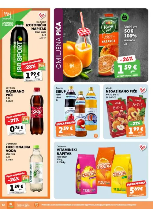 Studenac katalog — stranica 32: ISO SPORT IZOTONIČNI NAPITAK limun-grejp, DoNatural FUNKCIONALNA VODA aloe vera, Sky Cola GAZIRANO PIĆE, Vindi NEGAZIRANO PIĆE A+C+E, B+C+E (vrijedi 09. 09. 2026.–15. 09. 2026.)