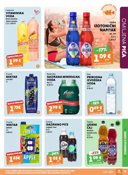 Studenac katalog — stranica 33: Cockta GAZIRANO PIĆE original, free, Teamo LEDENI ČAJ breskva, šumsko voće, Zala PRIRODNA IZVORSKA VODA, Hidra IZOTONIČNI NAPITAK (vrijedi 09. 09. 2026.–15. 09. 2026.)