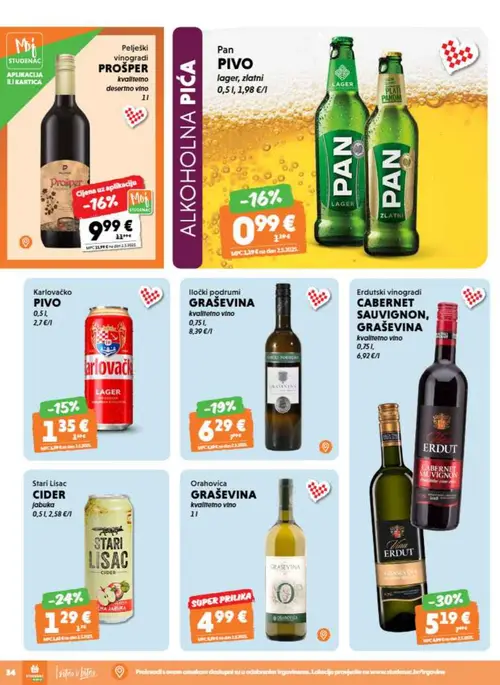 Studenac katalog — stranica 34: Iločki podrumi GRAŠEVINA kvalitetno vino, Pan PIVO lager, zlatni, Pelješki vinograd PROŠPER kvalitetno desertno vino, Karlovačko PIVO (vrijedi 09. 09. 2026.–15. 09. 2026.)