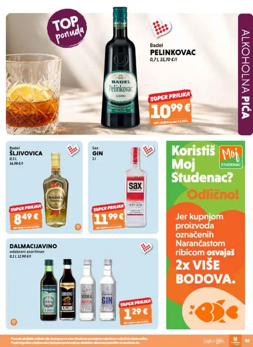 Studenac katalog — stranica 35: Badel Pelinkovac Gorki, Badel Šljvovica, Sax Gin, Dalmacijavino odabrani asortiman (vrijedi 09. 09. 2026.–15. 09. 2026.)