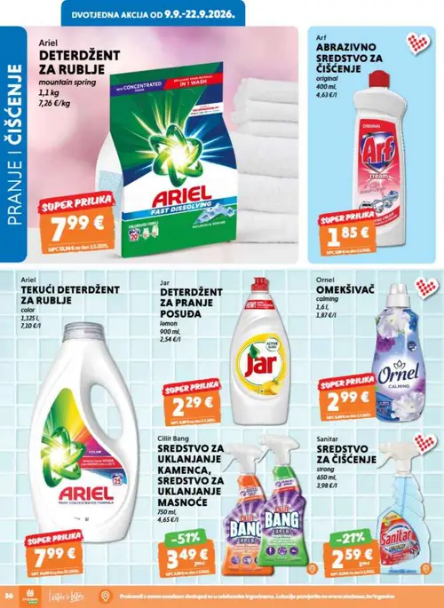 Studenac katalog — stranica 36: Ariel DETERDŽENT ZA RUBLJE mountain spring, Arf ABRAZIVNO SREDSTVO ZA ČIŠĆENJE original, Ariel TEKUĆI DETERDŽENT ZA RUBLJE color, Jar DETERDŽENT ZA PRANJE POSUĐA lemon (vrijedi 09. 09. 2026.–15. 09. 2026.)