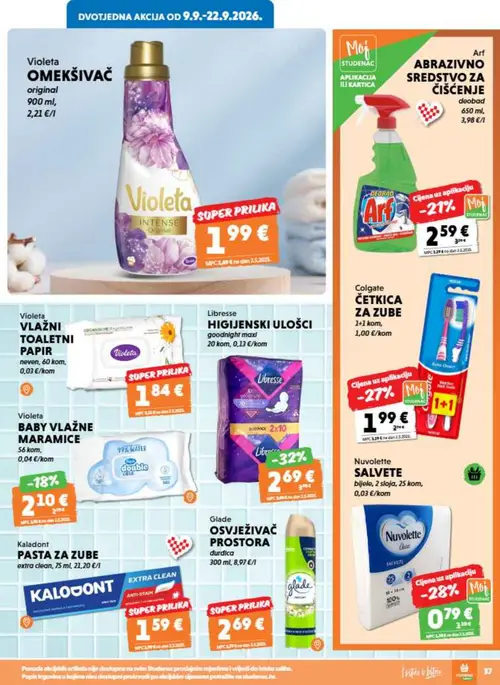 Studenac katalog — stranica 37: Libresse HIGIJENSKI ULOŠCI goodnight maxi, Nuvolete SALVETE bijele, 2 sloja, Arf ABRAZIVNO SREDSTVO ZA ČIŠĆENJE, Violeta BABY VLAŽNE MARAMICE (vrijedi 09. 09. 2026.–15. 09. 2026.)