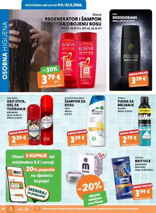 Studenac katalog — stranica 38: L'Oreal Elseve Regenerator i Šampon za obojenu kosu, Axe Dezodorans Africa, Old Spice Deo Stick, Gel za tuširanje whitewater, Head & Shoulders Šampon za kosu citrus (vrijedi 09. 09. 2026.–15. 09. 2026.)