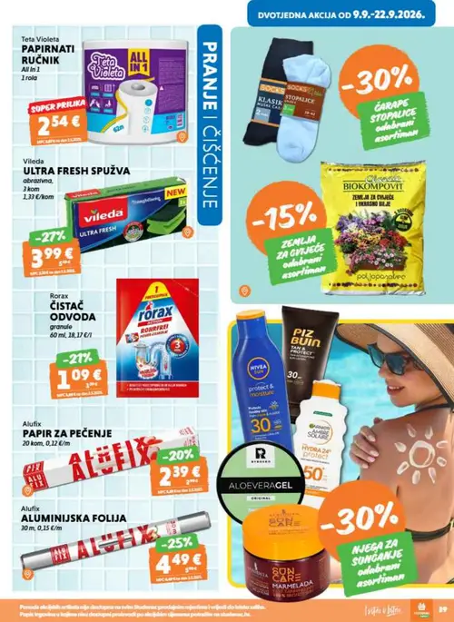 Studenac katalog — stranica 39: Vileda ULTRA FRESH SPUŽVA abrazivna, Alufix ALUMINICIJSKA FOLIJA, Rorax ČISTAČ ODVODA granule, Alufix PAPIR ZA PEČENJE (vrijedi 09. 09. 2026.–15. 09. 2026.)