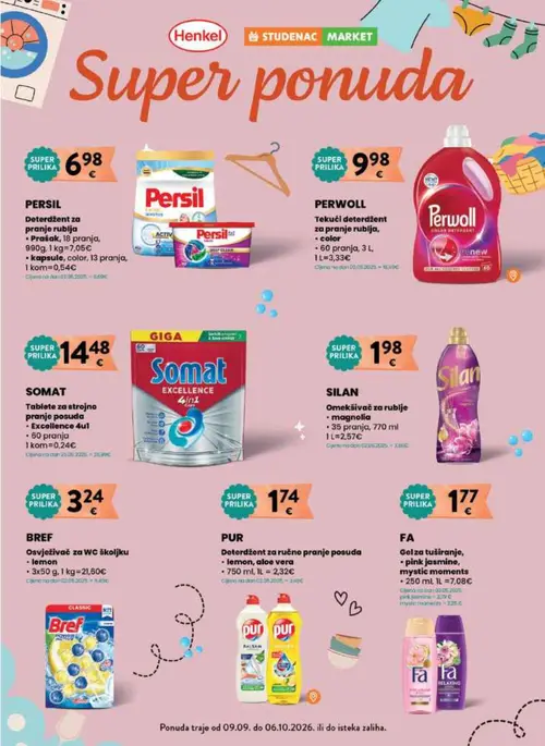 Studenac katalog — stranica 41: Persil Deterdžent za pranje rublja, Prašak, Persil Kapsule, color, Perwoll Tekući deterdžent za pranje rublja, color, Somat Tablete za strojno pranje posuđa, Excellence 4u1 (vrijedi 09. 09. 2026.–15. 09. 2026.)