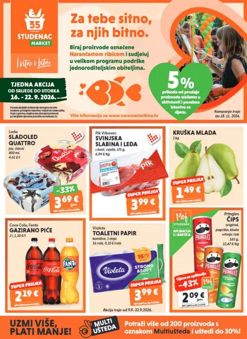 Studenac katalog — stranica 1: Pringles ČIPS original, paprika, kiselo vrhnje i luk, Svadbeni album "Od srca do srca", Svadbeni album "Sreća u srcu", Ledo SLADOLED QUATTRO Joy, classic (vrijedi 16. 09. 2026.–22. 09. 2026.)