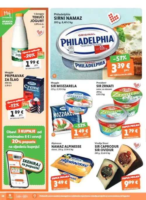 Studenac katalog — stranica 16: Meggle SIR MOZZARELA MINI, Moj Studenac TEKUĆI JOGURT 2,8% m.m., Meggle PRIPRAVAK ZA ŠLAG, Philadelphia SIRNI NAMAZ ORIGINAL (vrijedi 16. 09. 2026.–22. 09. 2026.)