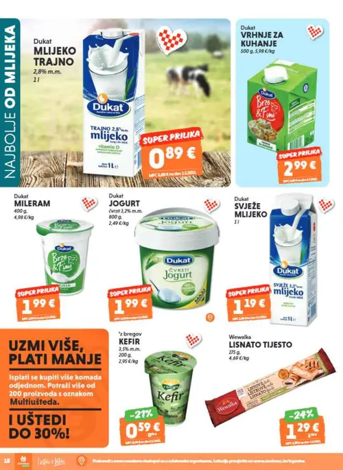 Studenac katalog — stranica 18: Dukat VRHNJE ZA KUHANJE, Dukat MLIJEKO TRAJNO, Dukat MILERAM, Dukat JOGURT ČVRSTI (vrijedi 16. 09. 2026.–22. 09. 2026.)