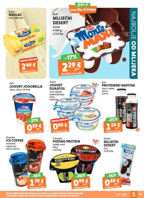 Studenac katalog — stranica 19: Zott MLIJEČNI DESERT monte, Dukat MASLAC, Dukat JOGURT JOGOBELLA classic, Dukat JOGURT DUKATOS natur, Jagoda, Badem/pistacija (vrijedi 16. 09. 2026.–22. 09. 2026.)