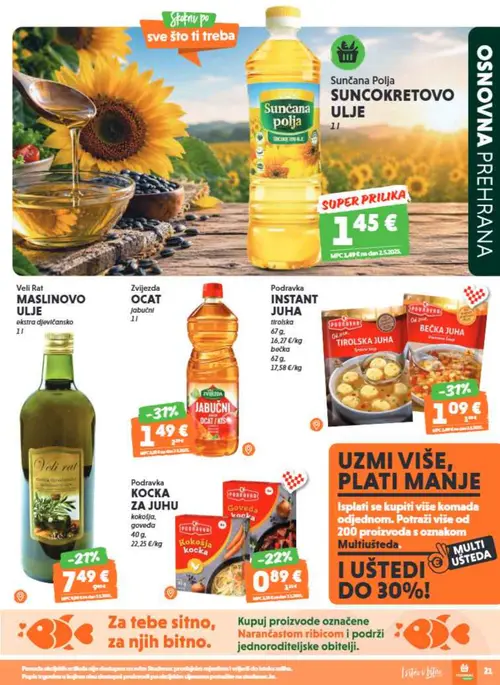Studenac katalog — stranica 21: Sunčana Polja SUNCOKRETOVO ULJE, Veli Rat MASLINOVO ULJE ekstra djevicansko, Zvijezda OCAT jabucni, Podravka INSTANT JUHA tirolska (vrijedi 16. 09. 2026.–22. 09. 2026.)