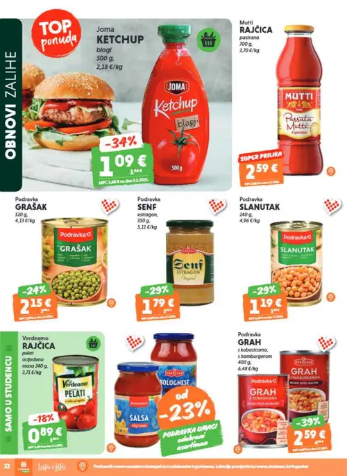 Studenac katalog — stranica 22: Podravka GRAH s kobasicama, s hamburgerom, Joma KETCHUP blagi, Podravka SENF estragon, Podravka SLANUTAK (vrijedi 16. 09. 2026.–22. 09. 2026.)