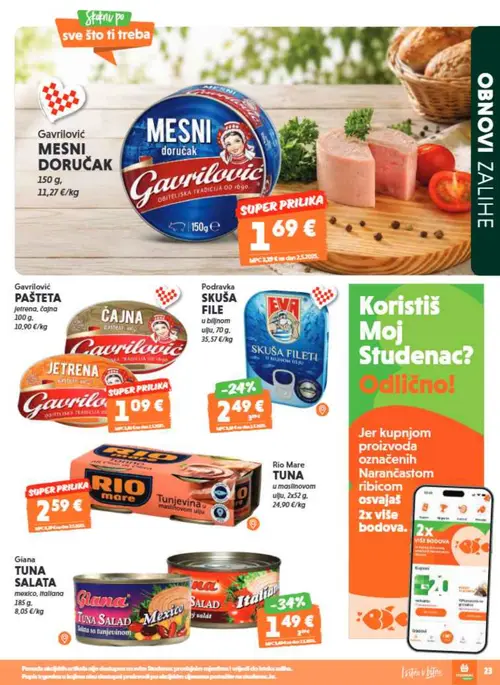 Studenac katalog — stranica 23: Gavrilović MESNI DORUČAK, Gavrilović PAŠTETA jetrena, čajna, Podravka SKUŠA FILETI u biljnom ulju, Rio Mare TUNA u maslinovom ulju (vrijedi 16. 09. 2026.–22. 09. 2026.)