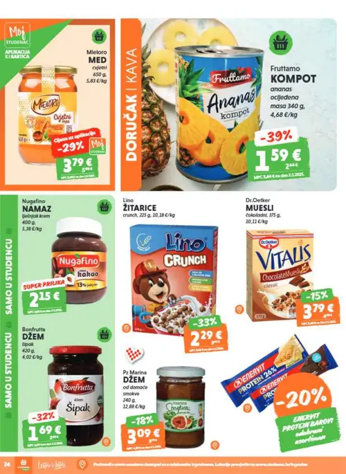 Studenac katalog — stranica 24: Fruttamo KOMPOT ananas, Lino ŽITARICE crunch, Bonfrutta DŽEM šipak, Mieloro MED cvjetni (vrijedi 16. 09. 2026.–22. 09. 2026.)
