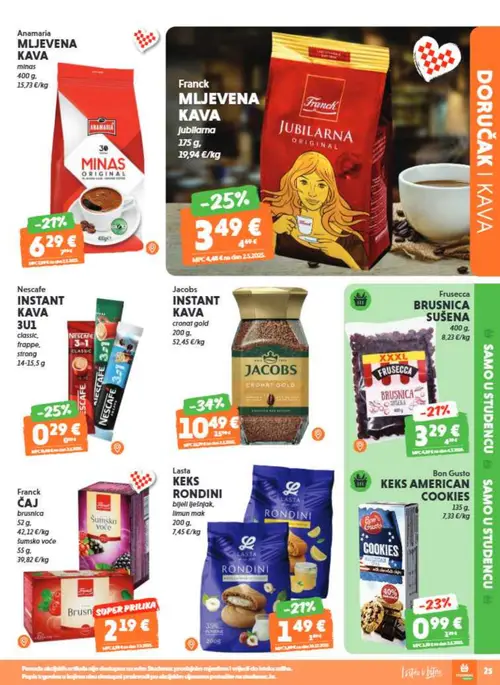 Studenac katalog — stranica 25: Franck MLJEVENA KAVA Jubilarna, Frusca BRUSNICA SUŠENA, Anamaria MLJEVENA KAVA minas, Nescafe INSTANT KAVA 3U1 (vrijedi 16. 09. 2026.–22. 09. 2026.)
