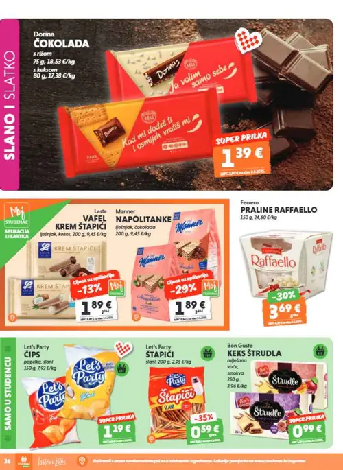 Studenac katalog — stranica 26: Ferrero Praline Raffaello, Manner Napolitanke, Lasta Vafel Krem Štapići, Dorina čokolada s rižom (vrijedi 16. 09. 2026.–22. 09. 2026.)