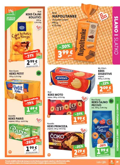 Studenac katalog — stranica 29: Kraš KEKS ČAJNI KOLUTIĆI, Kraš KEKS MOTO kakao, Kraš NAPOLITANKE chocolate cream, Mc Vitie's KEKS DIGESTIVE original (vrijedi 16. 09. 2026.–22. 09. 2026.)