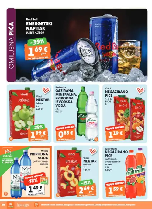 Studenac katalog — stranica 30: Red Bull ENERGETSKI NAPITAK, Vindi NEKTAR JABUKA, Mg Mivela PRIRORDNA VODA, Radenska GAZIRANA MINERALNA, PRIRODNA IZVORSKA VODA (vrijedi 16. 09. 2026.–22. 09. 2026.)