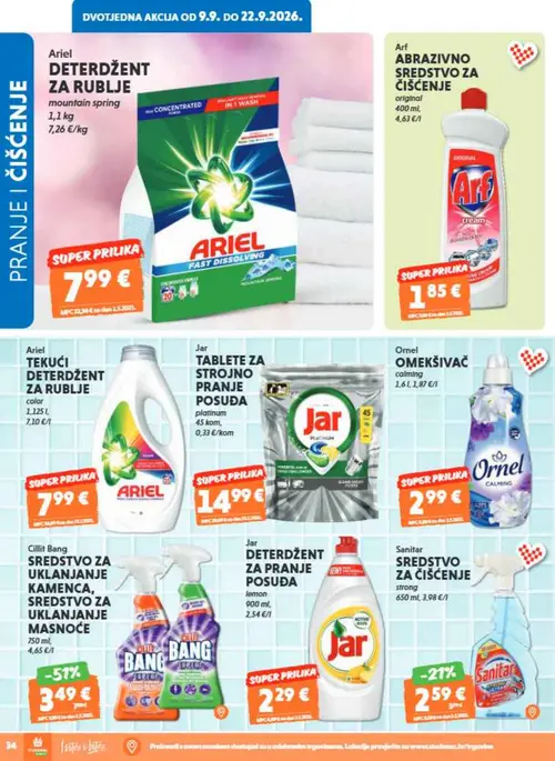 Studenac katalog — stranica 34: ARIEL DETERDŽENT ZA RUBLJE mountain spring, Arf ABRAZIVNO SREDSTVO ZA ČIŠĆENJE original, ARIEL TEKUĆI DETERDŽENT ZA RUBLJE color, Jar TABLETE ZA STROJNO PRANJE POSUĐA platinum (vrijedi 16. 09. 2026.–22. 09. 2026.)