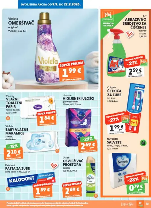 Studenac katalog — stranica 35: Libresse HIGIJENSKI ULOŠCI goodnight maxi, Nuvolete SALVETE bijele, 2 sloja, Colgate ČETKICA ZA ZUBE 1+1 kom, Arf ABRAZIVNO SREDSTVO ZA ČIŠĆENJE deobad (vrijedi 16. 09. 2026.–22. 09. 2026.)