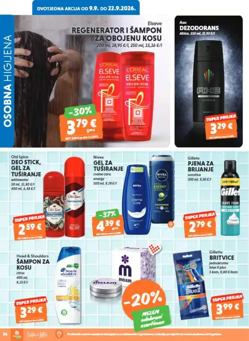Studenac katalog — stranica 36: Nivea GEL ZA TUŠIRANJE creme care, energy, L'OREAL ELSEVE REGENERATOR I ŠAMPON ZA BOJENU KOSU, AXE DEZODORANS Africa, Old Spice DEO STICK, GEL ZA TUŠIRANJE whitewater (vrijedi 16. 09. 2026.–22. 09. 2026.)