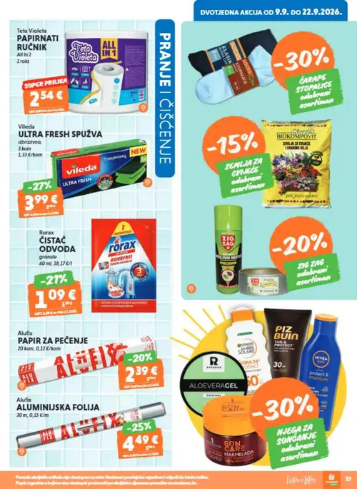 Studenac katalog — stranica 37: Rorax ČISTAČ OD VODA granule, Teta Violeta PAPIRNATI RUČNIK All In 1, Vileda ULTRA FRESH SKUŽVA, Alufix PAPIR ZA PEČENJE (vrijedi 16. 09. 2026.–22. 09. 2026.)