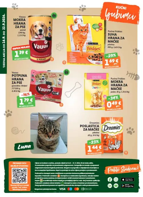 Studenac katalog — stranica 38: Vauuu Mokra hrana za pse s peradi, Purina Friskies Suha hrana za mačke, Vauuu Potpuna hrana za pse govedina/drivlja, Purina Friskies Suha hrana za mačke junior (vrijedi 16. 09. 2026.–22. 09. 2026.)
