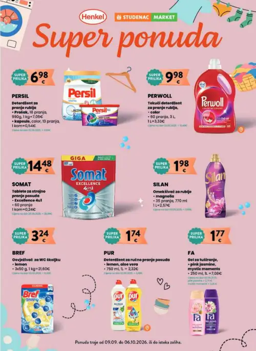 Studenac katalog — stranica 41: PERSIL Deterdžent za pranje rublja - Prašak, PERWOLL Tekući deterdžent za pranje rublja - color, SOMAT Tablete za strojno pranje posuda - Excellence 4u1, SILAN Omekšivač za rublje - magnolia (vrijedi 16. 09. 2026.–22. 09. 2026.)