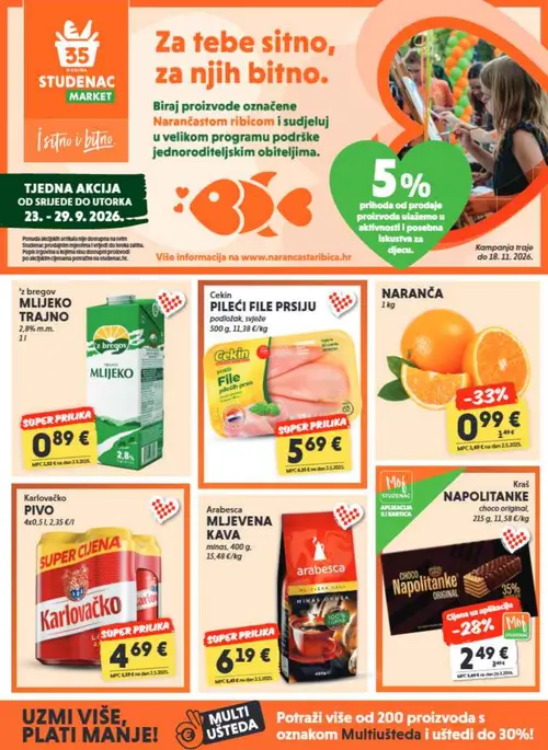 Studenac katalog — stranica 1: NARANČA, Kraš NAPOLITANKE choco original, Karlovačko PIVO, Z bregov MLIJEKO TRAJNO 2,8% m.m. 1l (vrijedi 23. 09. 2026.–06. 10. 2026.)