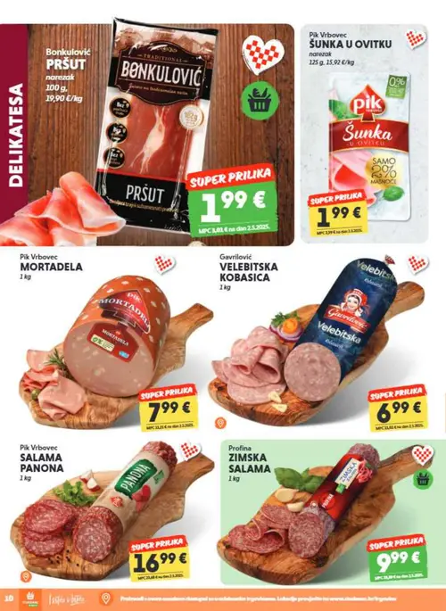 Studenac katalog — stranica 10: Gavrilo Velebitska kobasica, Bonkulović Pršut narezak, Pik Vrbovec Mortadela, Pik Vrbovec Salama Panona (vrijedi 23. 09. 2026.–06. 10. 2026.)