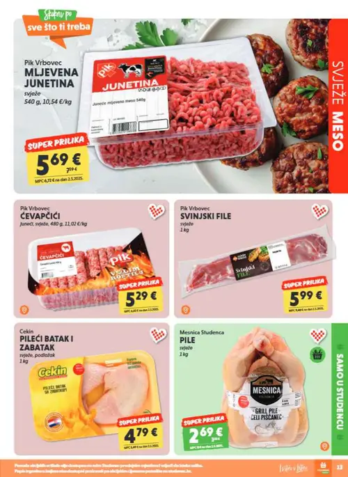 Studenac katalog — stranica 13: Pik Vrbovec MLJEVENA JUNETINA, Mesnica Studenca GRILL PILE, Cekin PILEĆI BATAK I ZABATAK, Pik Vrbovec SVINJSKI FILE (vrijedi 23. 09. 2026.–06. 10. 2026.)