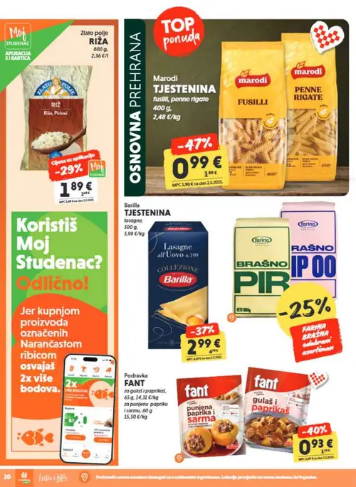 Studenac katalog — stranica 20: Marodi Tjestenina, Podravka FANT za gulaš i paprikaš, Barilla Tjestenina, Zlato polje RIŽA (vrijedi 23. 09. 2026.–06. 10. 2026.)