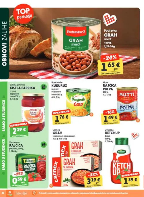 Studenac katalog — stranica 22: Podravka GRAH smeđi, Carnex GRAH sa slaninom, Mutti RAJČICA PULPA (vrijedi 23. 09. 2026.–06. 10. 2026.)