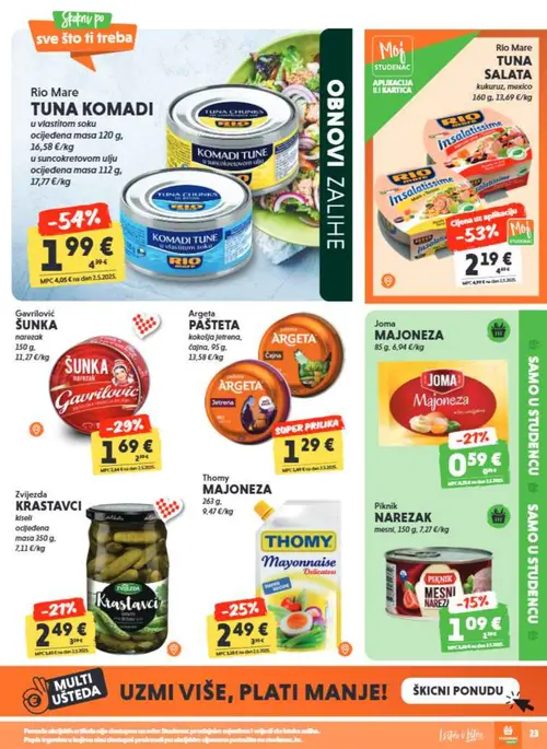 Studenac katalog — stranica 23: Rio Mare TUNA KOMADI u suncokretovom ulju, Rio Mare TUNA KOMADI u vlasititom soku, Rio Mare TUNA SALATA kukuruz, mexico, Gavrilović ŠUNKA narezak (vrijedi 23. 09. 2026.–06. 10. 2026.)
