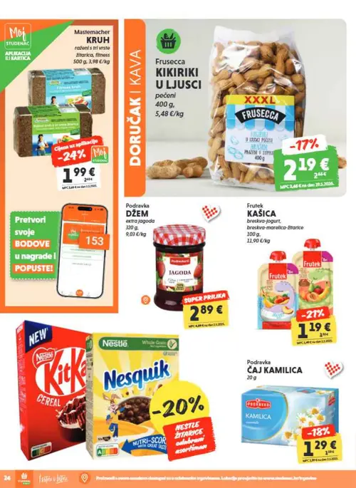 Studenac katalog — stranica 24: Podravka DŽEM extra jagoda, Mastenmacher Mastemacher KRUH raženi s tri vrste žitarica, fitness, Frutek KAŠICA breskva-jogurt, breskva-marelica-žitarice, Podravka ĊALJ KAMILICA (vrijedi 23. 09. 2026.–06. 10. 2026.)