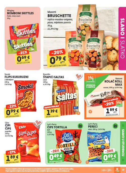 Studenac katalog — stranica 27: Let's Party ČIPS TORTILLA ljuti, Smoki FLIPS KUKURUZNI s kikirikijem, Let's Party PERECI slani, Koestlin ŠTAPIĆI SALTAS slani (vrijedi 23. 09. 2026.–06. 10. 2026.)