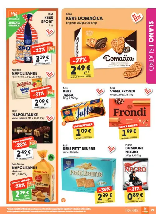 Studenac katalog — stranica 29: Koestlin NAPOLITANKE voćne kocke, Pionir BOMBONI NEGRO, Kraš KEKS PETIT BEURRE, Bon Gusto NAPOLITANKE s kakaom (vrijedi 23. 09. 2026.–06. 10. 2026.)